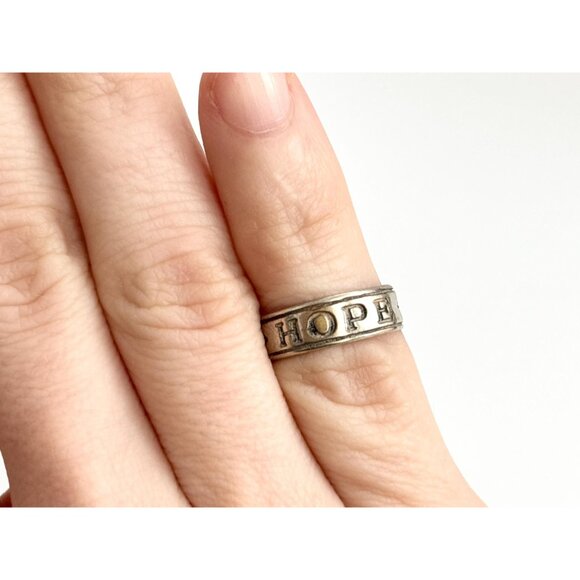 HOPE Carved Sterling Silver Adjustable Open Shank 925 Unisex Vintage Ring - sz 4 - Picture 10 of 15